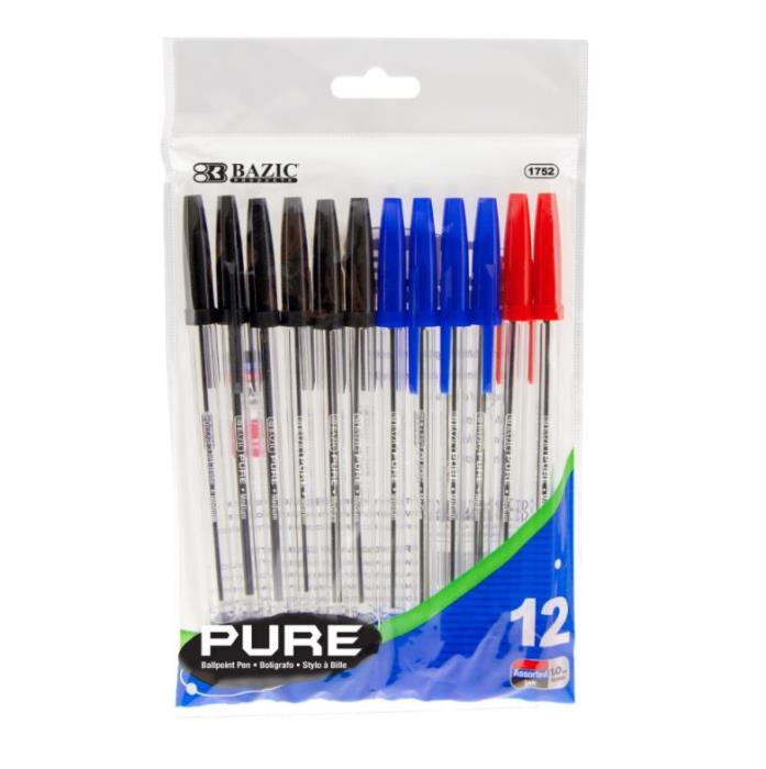 A package of assorted black, blue, and red ballpoint pens.
